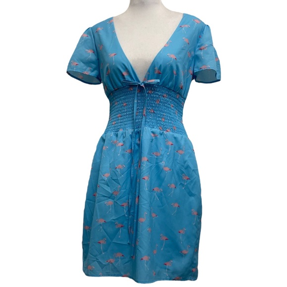 Vacate the Label Blue Deep V Smocked Waist Flamingo Print Mini Dress - Picture 1 of 10